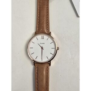 Cluse Minuit Watch Women Rose Gold Tone White Dial 38mm Leather Band New